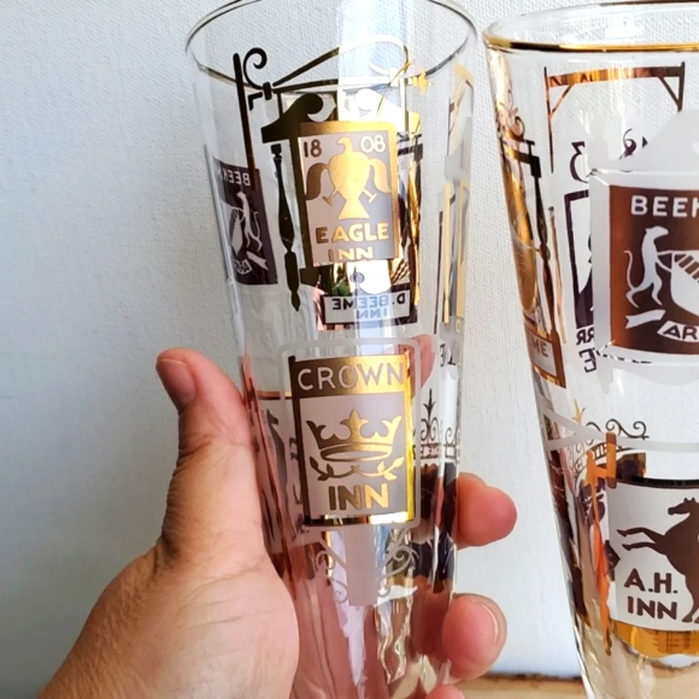 Vintage Libbey Pedastal Beer Glasses Pub and Inns Gold Detail Set of Two